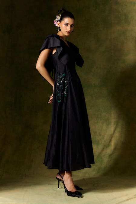 Jodi Black Silk, Taffeta Embroidery, Sequins, Beads V-neck Floral Midi Dress Online at Aza Fashions Jodi_Black Silk, Taffeta Embroidery, Sequins, Beads V-neck Floral Midi Dress _Online_at_Aza_Fashions