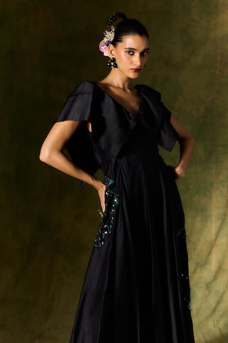 Buy Jodi Black Silk, Taffeta Embroidery, Sequins, Beads V-neck Floral Midi Dress Online at Aza Fashions Buy_Jodi_Black Silk, Taffeta Embroidery, Sequins, Beads V-neck Floral Midi Dress _Online_at_Aza_Fashions