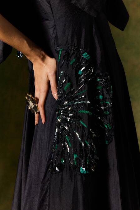 Shop Jodi Black Silk, Taffeta Embroidery, Sequins, Beads V-neck Floral Midi Dress Online at Aza Fashions Shop_Jodi_Black Silk, Taffeta Embroidery, Sequins, Beads V-neck Floral Midi Dress _Online_at_Aza_Fashions