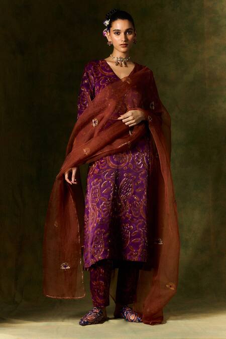 Shop_Jodi_Brown Organza Zari, Beads Hand Embroidered Dupatta _at_Aza_Fashions
