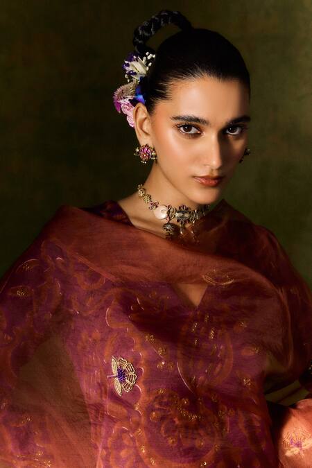 Shop_Jodi_Brown Organza Zari, Beads Hand Embroidered Dupatta _Online_at_Aza_Fashions