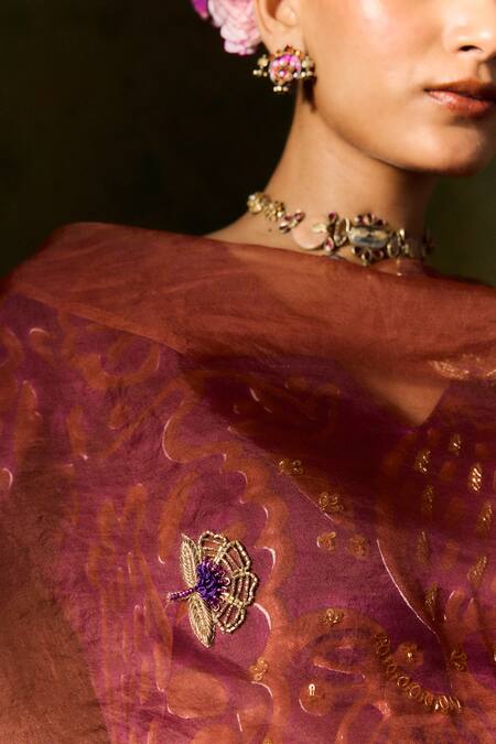 Jodi_Brown Organza Zari, Beads Hand Embroidered Dupatta _at_Aza_Fashions