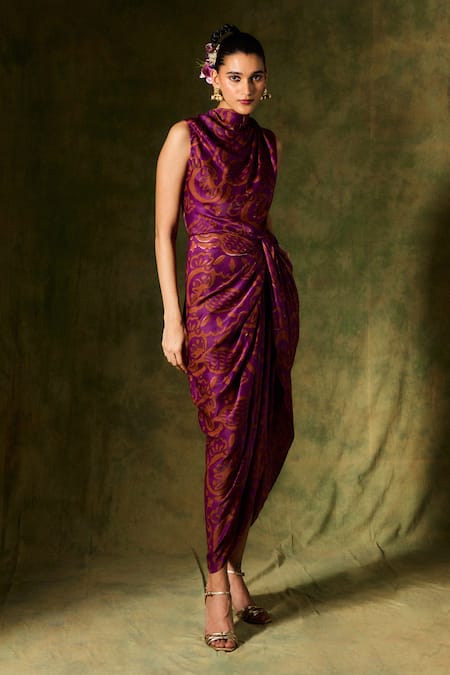 Shop Jodi Wine Satin, Silk Cowl Neck Draped Maxi Dress at Aza Fashions Shop_Jodi_Wine Satin, Silk Cowl Neck Draped Maxi Dress _at_Aza_Fashions
