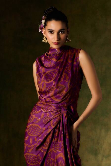 Buy Jodi Wine Satin, Silk Cowl Neck Draped Maxi Dress Online at Aza Fashions Buy_Jodi_Wine Satin, Silk Cowl Neck Draped Maxi Dress _Online_at_Aza_Fashions