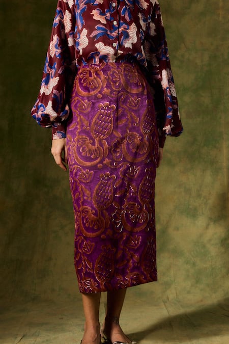 Shop Jodi Wine Silk Abstract Floral Handblock Print Midi Skirt at Aza Fashions Shop_Jodi_Wine Silk Abstract Floral Handblock Print Midi Skirt _at_Aza_Fashions