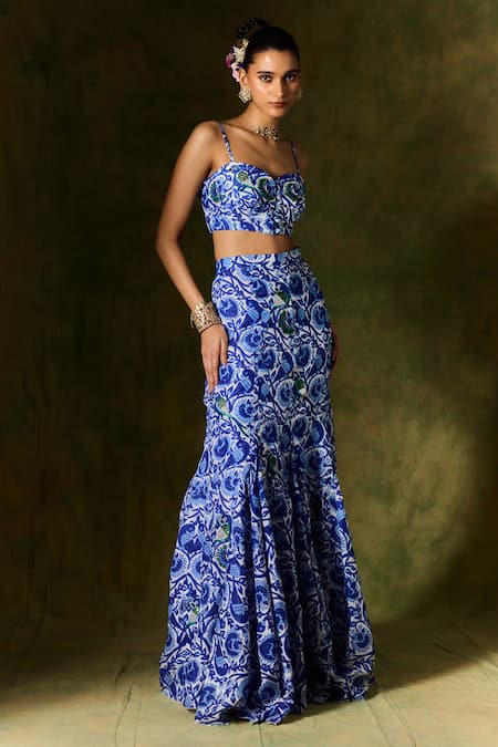 Shop Jodi Blue Silk Sequins Sweetheart Neck Floral Handblock Print Bralette at Aza Fashions Shop_Jodi_Blue Silk Sequins Sweetheart Neck Floral Handblock Print Bralette _at_Aza_Fashions