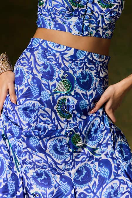Shop Jodi Blue Silk Sequins, Beads Floral Peacock Handblock Print Skirt at Aza Fashions Shop_Jodi_Blue Silk Sequins, Beads Floral Peacock Handblock Print Skirt _at_Aza_Fashions
