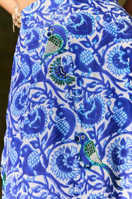 Buy Jodi Blue Silk Sequins, Beads Floral Peacock Handblock Print Skirt Online at Aza Fashions Buy_Jodi_Blue Silk Sequins, Beads Floral Peacock Handblock Print Skirt _Online_at_Aza_Fashions