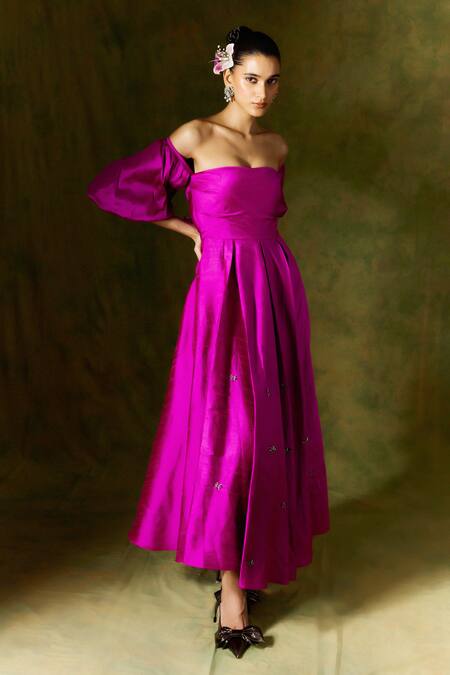 Shop Jodi Pink Silk Beads Off-shoulder Embroidered Off Maxi Dress Online at Aza Fashions Shop_Jodi_Pink Silk Beads Off-shoulder Embroidered Off Maxi Dress _Online_at_Aza_Fashions