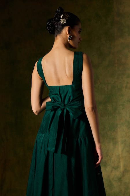 Shop Jodi Green Silk, Taffeta Embroidery Square Neck Bead Tiered Dress at Aza Fashions Shop_Jodi_Green Silk, Taffeta Embroidery Square Neck Bead Tiered Dress _at_Aza_Fashions