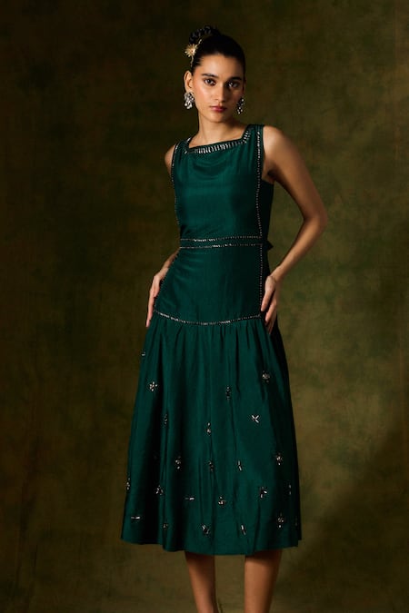 Jodi Green Silk, Taffeta Embroidery Square Neck Bead Tiered Dress Online at Aza Fashions Jodi_Green Silk, Taffeta Embroidery Square Neck Bead Tiered Dress _Online_at_Aza_Fashions