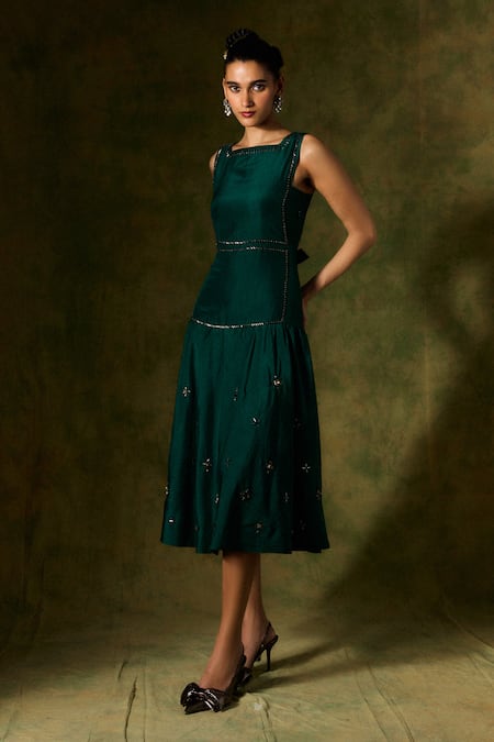 Buy Jodi Green Silk, Taffeta Embroidery Square Neck Bead Tiered Dress Online at Aza Fashions Buy_Jodi_Green Silk, Taffeta Embroidery Square Neck Bead Tiered Dress _Online_at_Aza_Fashions