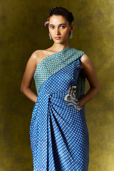 Jodi_Blue Satin, Silk Sequins, Beads Abstract Print One Shoulder Saree Dress_Online_at_Aza_Fashions