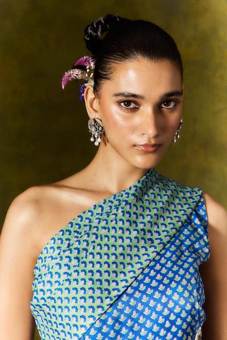 Buy_Jodi_Blue Satin, Silk Sequins, Beads Abstract Print One Shoulder Saree Dress_Online_at_Aza_Fashions