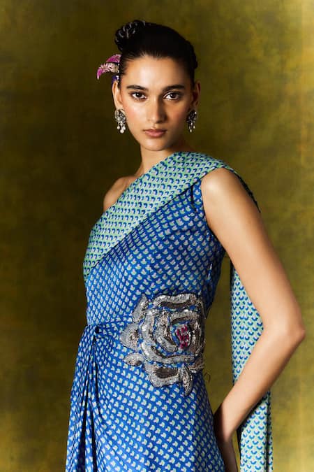 Shop_Jodi_Blue Satin, Silk Sequins, Beads Abstract Print One Shoulder Saree Dress_Online_at_Aza_Fashions