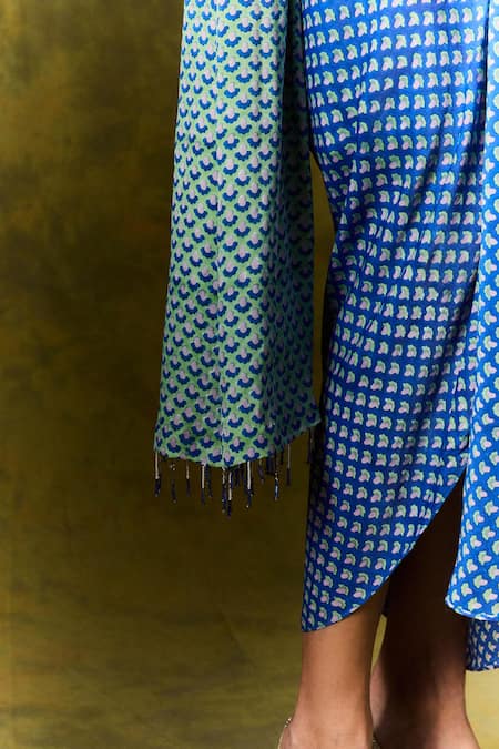 Jodi_Blue Satin, Silk Sequins, Beads Abstract Print One Shoulder Saree Dress_at_Aza_Fashions