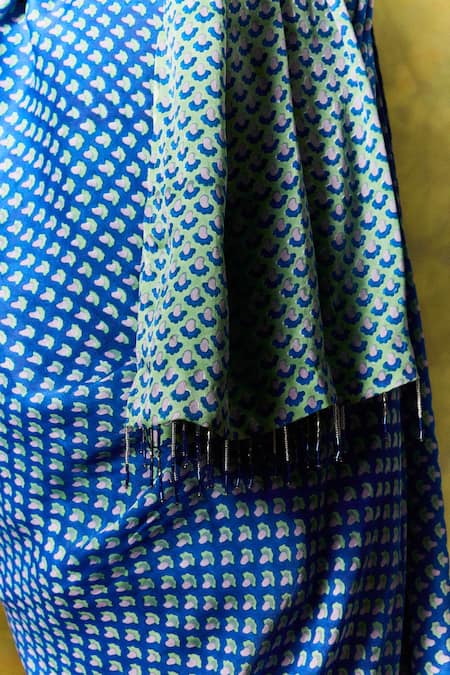 Buy_Jodi_Blue Satin, Silk Sequins, Beads Abstract Print One Shoulder Saree Dress