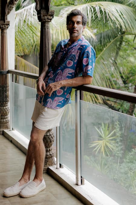 Shop_Jodi_Blue Modal Cut Work Botanical Print Shirt_at_Aza_Fashions