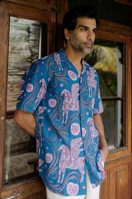 Jodi_Blue Modal Cut Work Botanical Print Shirt_Online_at_Aza_Fashions