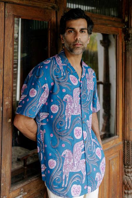 Buy_Jodi_Blue Modal Cut Work Botanical Print Shirt_Online_at_Aza_Fashions