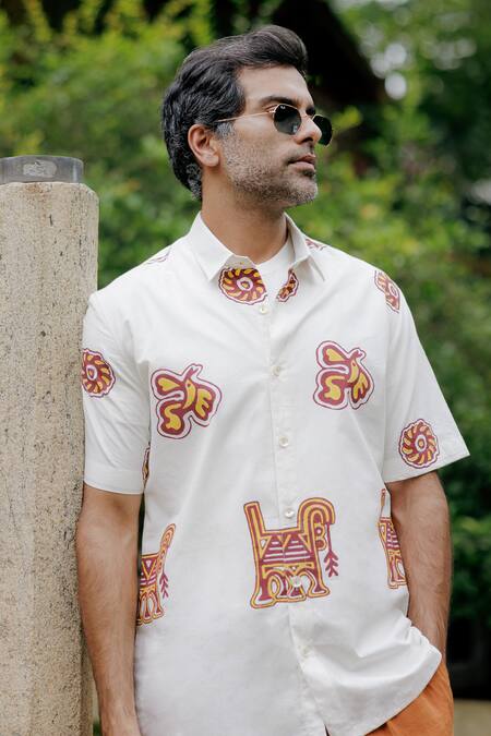 Buy Jodi White Cotton Abstract Hand Block Printed Shirt Online at Aza Fashions Buy_Jodi_White Cotton Abstract Hand Block Printed Shirt _Online_at_Aza_Fashions