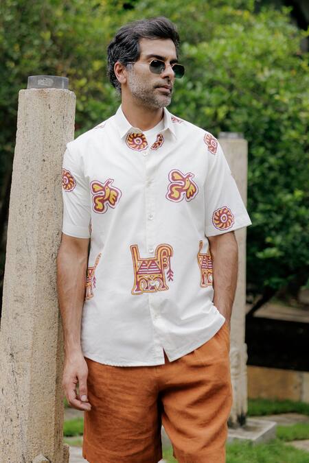 Shop Jodi White Cotton Abstract Hand Block Printed Shirt Online at Aza Fashions Shop_Jodi_White Cotton Abstract Hand Block Printed Shirt _Online_at_Aza_Fashions