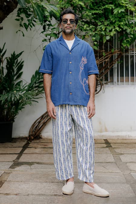 Shop Jodi Blue Denim Embroidery Hand Shirt at Aza Fashions Shop_Jodi_Blue Denim Embroidery Hand Shirt _at_Aza_Fashions