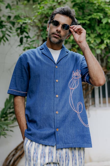 Shop Jodi Blue Denim Embroidery Hand Shirt Online at Aza Fashions Shop_Jodi_Blue Denim Embroidery Hand Shirt _Online_at_Aza_Fashions