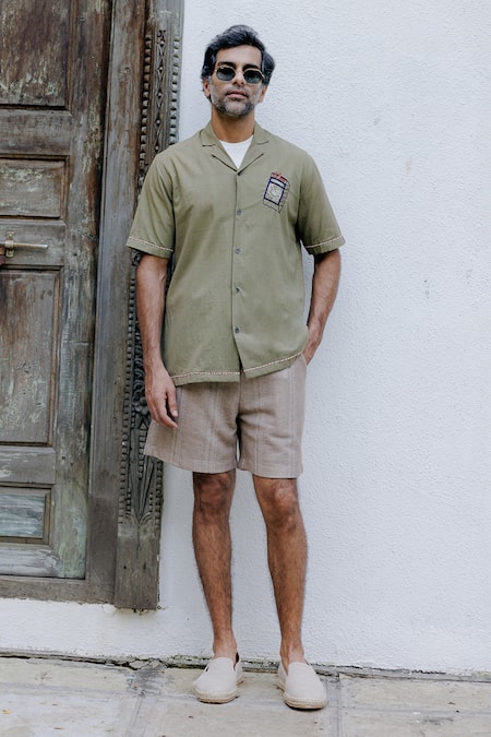 Shop Jodi Green Cotton Embroidery Neem Hand Casual Shirt at Aza Fashions Shop_Jodi_Green Cotton Embroidery Neem Hand Casual Shirt_at_Aza_Fashions