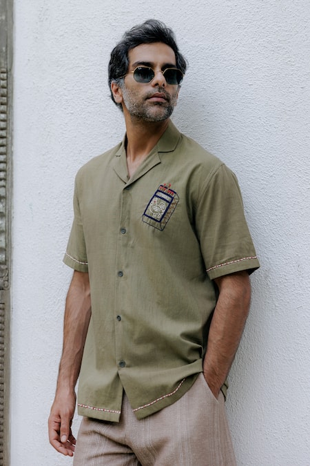 Jodi Green Cotton Embroidery Neem Hand Casual Shirt Online at Aza Fashions Jodi_Green Cotton Embroidery Neem Hand Casual Shirt_Online_at_Aza_Fashions