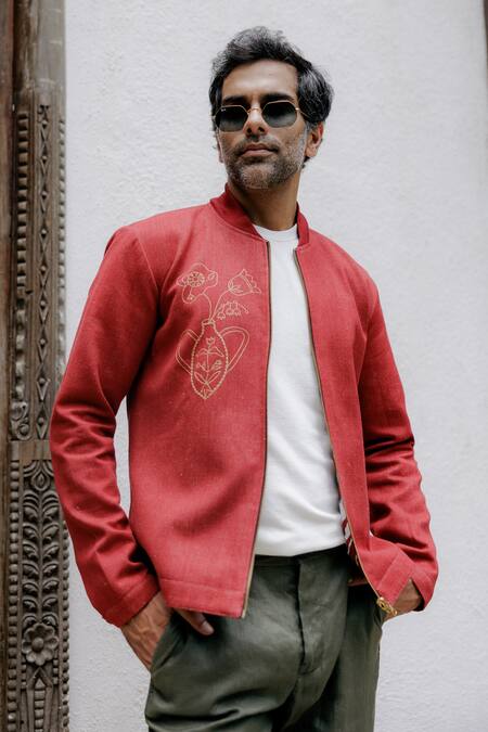 Jodi_Red Denim Embroidery Reversible Hand Bomber Jacket_Online_at_Aza_Fashions