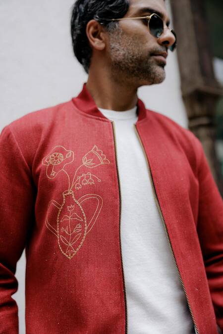 Buy_Jodi_Red Denim Embroidery Reversible Hand Bomber Jacket_Online_at_Aza_Fashions
