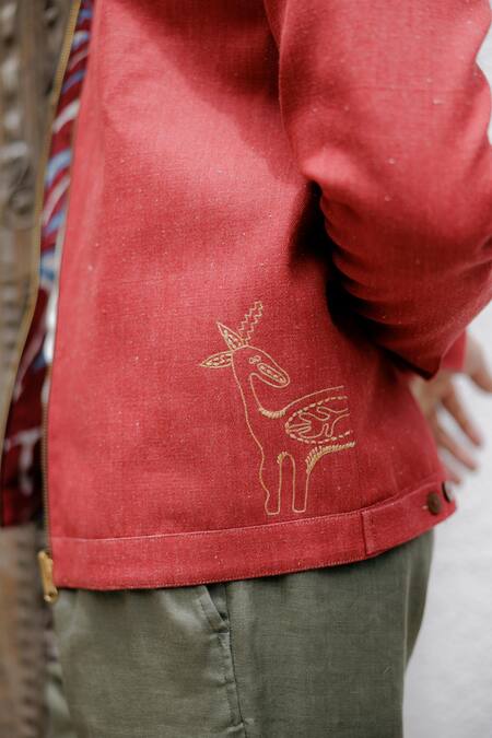 Shop_Jodi_Red Denim Embroidery Reversible Hand Bomber Jacket_Online_at_Aza_Fashions