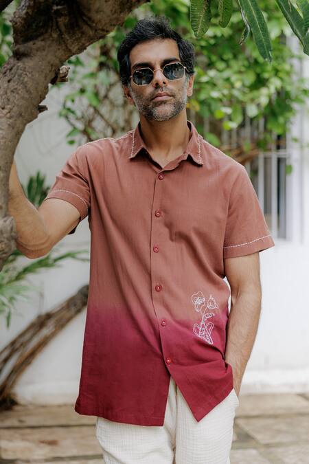 Jodi_Brown Cotton Embroidery Ombre Hand Shirt _Online_at_Aza_Fashions