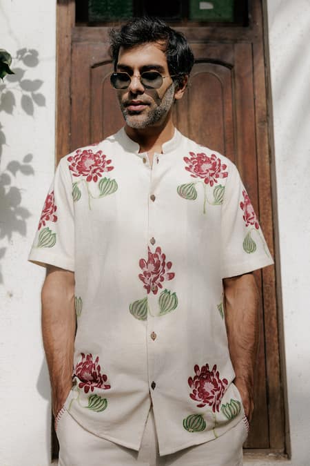 Shop_Jodi_Off White Handloom Cotton Floral Hand Block Printed Shirt And Shorts Set _at_Aza_Fashions