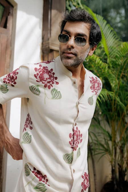 Jodi_Off White Handloom Cotton Floral Hand Block Printed Shirt And Shorts Set _Online_at_Aza_Fashions