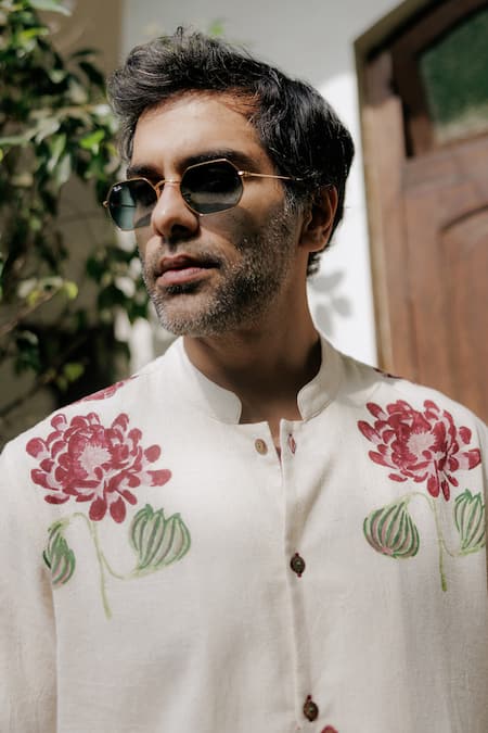 Buy_Jodi_Off White Handloom Cotton Floral Hand Block Printed Shirt And Shorts Set _Online_at_Aza_Fashions