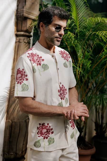 Shop_Jodi_Off White Handloom Cotton Floral Hand Block Printed Shirt And Shorts Set _Online_at_Aza_Fashions