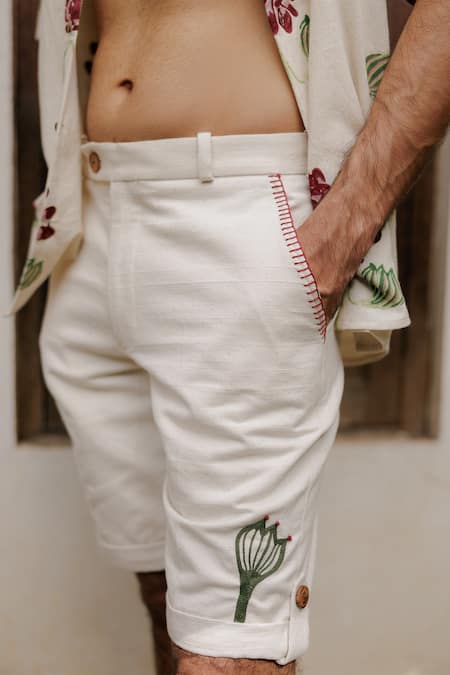 Jodi_Off White Handloom Cotton Embroidery Hand Shorts _Online_at_Aza_Fashions
