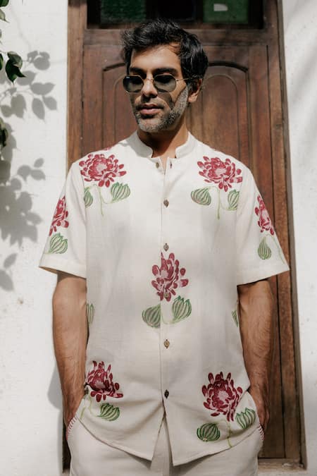 Shop_Jodi_Off White Handloom Cotton Embroidery Floral Hand Block Print Shirt _at_Aza_Fashions