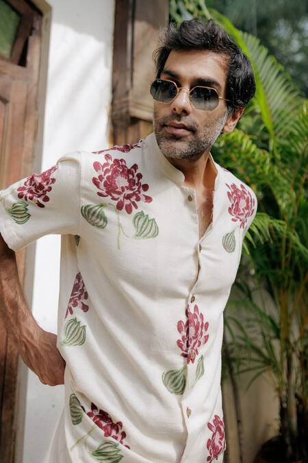 Jodi_Off White Handloom Cotton Embroidery Floral Hand Block Print Shirt _Online_at_Aza_Fashions