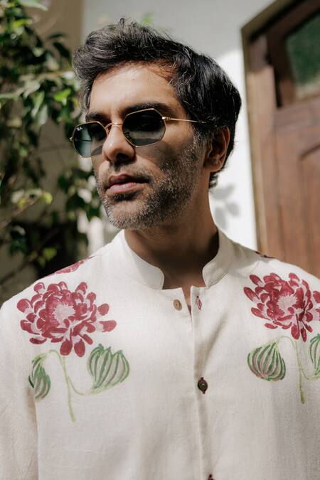 Buy_Jodi_Off White Handloom Cotton Embroidery Floral Hand Block Print Shirt _Online_at_Aza_Fashions