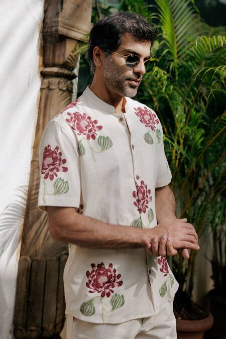 Shop_Jodi_Off White Handloom Cotton Embroidery Floral Hand Block Print Shirt _Online_at_Aza_Fashions