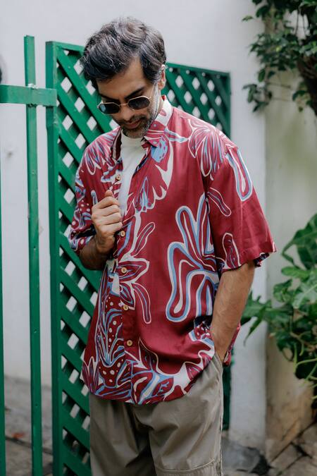 Jodi_Maroon Modal Abstract Screen Printed Oversized Shirt_Online_at_Aza_Fashions