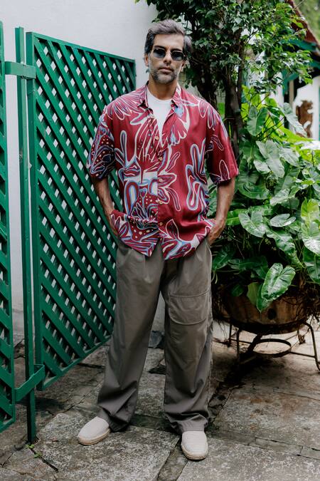 Buy_Jodi_Maroon Modal Abstract Screen Printed Oversized Shirt_Online_at_Aza_Fashions