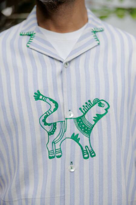 Jodi Blue Cotton Crystals Tribal Animal Hand Embroidered Shirt Online at Aza Fashions Jodi_Blue Cotton Crystals Tribal Animal Hand Embroidered Shirt _Online_at_Aza_Fashions