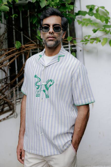 Buy Jodi Blue Cotton Crystals Tribal Animal Hand Embroidered Shirt Online at Aza Fashions Buy_Jodi_Blue Cotton Crystals Tribal Animal Hand Embroidered Shirt _Online_at_Aza_Fashions