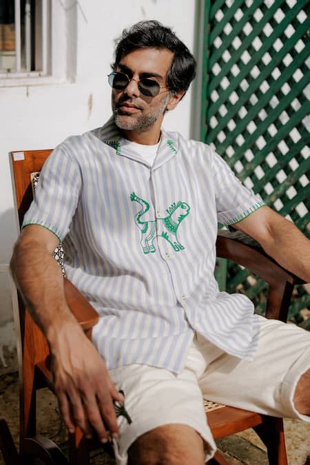 Shop Jodi Blue Cotton Crystals Tribal Animal Hand Embroidered Shirt Online at Aza Fashions Shop_Jodi_Blue Cotton Crystals Tribal Animal Hand Embroidered Shirt _Online_at_Aza_Fashions