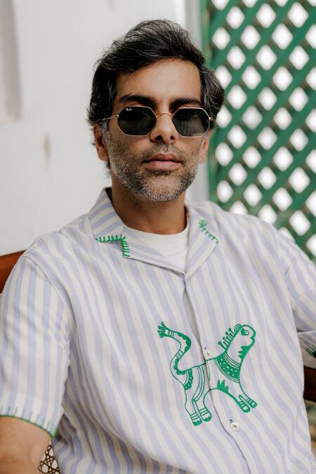 Jodi Blue Cotton Crystals Tribal Animal Hand Embroidered Shirt at Aza Fashions Jodi_Blue Cotton Crystals Tribal Animal Hand Embroidered Shirt _at_Aza_Fashions