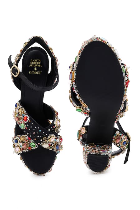 Shop Anaar Black Beads, Pearls Cross Strap Heels With And Work at Aza Fashions Shop_Anaar_Black Beads, Pearls Cross Strap Heels With And Work _at_Aza_Fashions